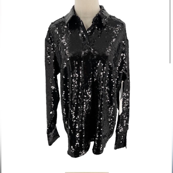 GOOD AMERICAN Sequin Collared Party Jacket Blouse Size 5 NWT Black $129 Sold Out - Picture 4 of 17